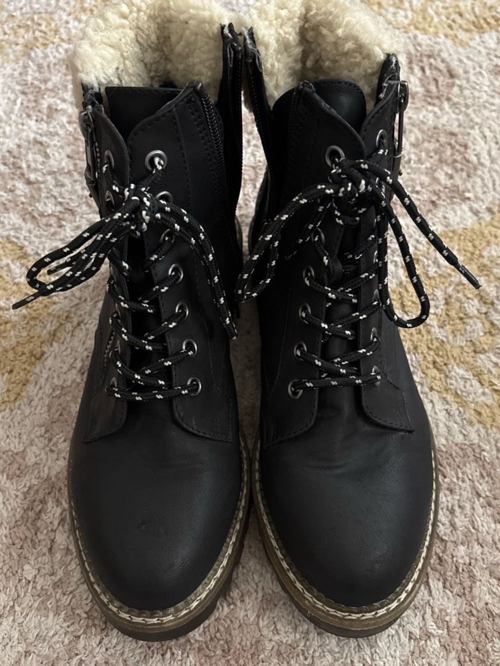 Universal Thread Black Lace-Up Faux Leather Ankle Boots with Shearling